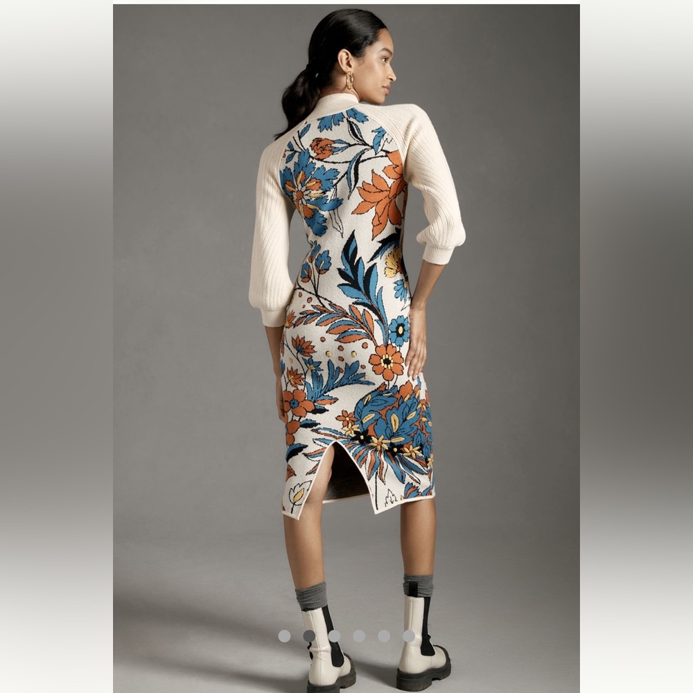 Anthropologie Cream Midi Dress with Blue & Orange Floral Print